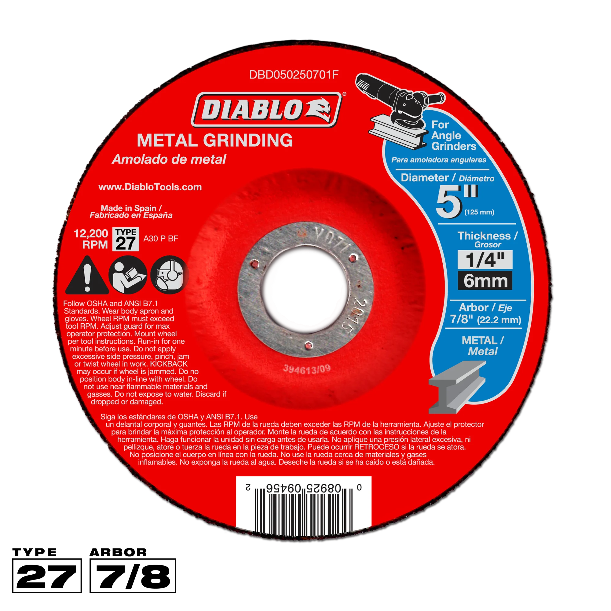 Grinding Wheel 5 x 1/4 Arbor 7/8  T27  Diablo