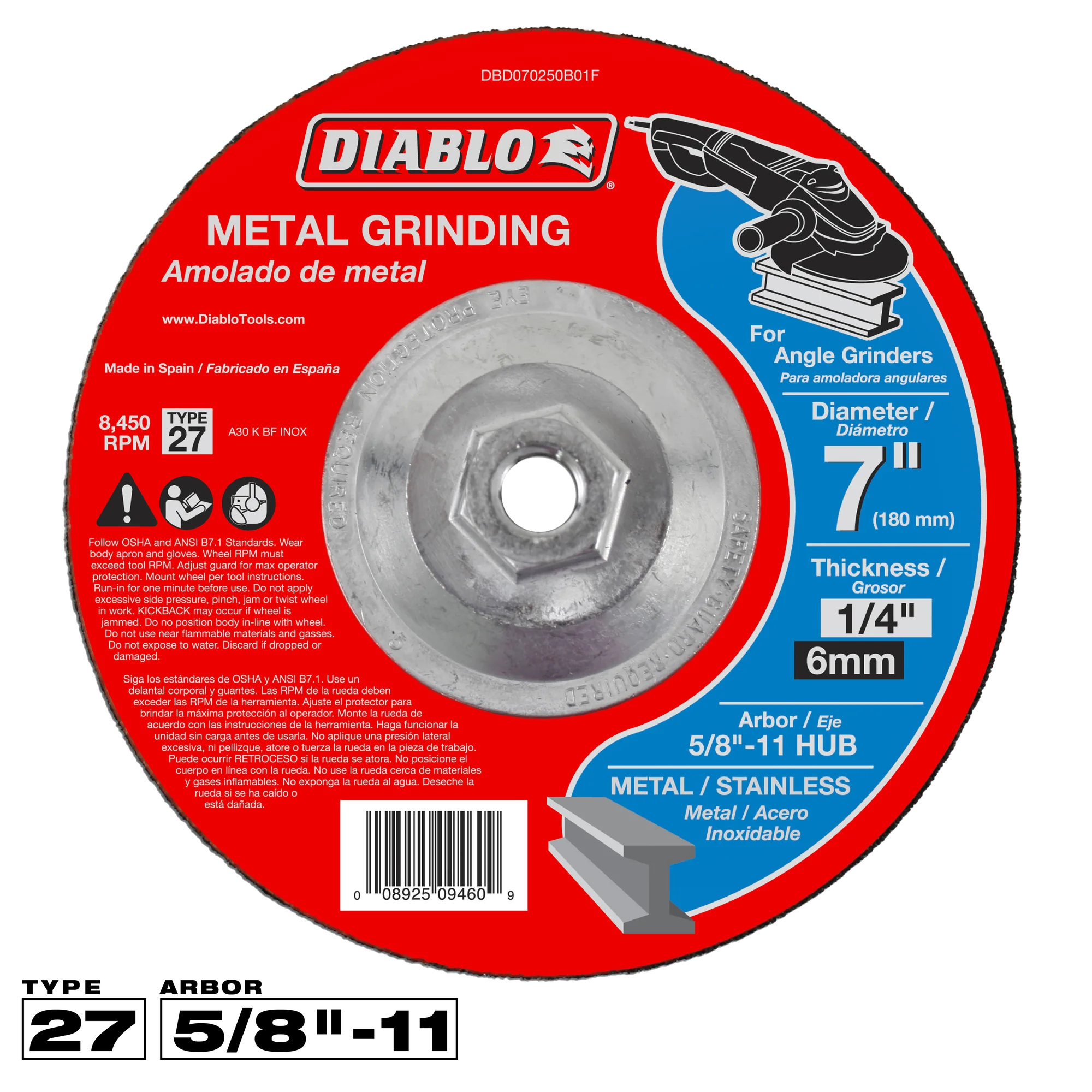 Grinding Wheel 7 x 1/4 Arbor 5/8-11  T27  Diablo