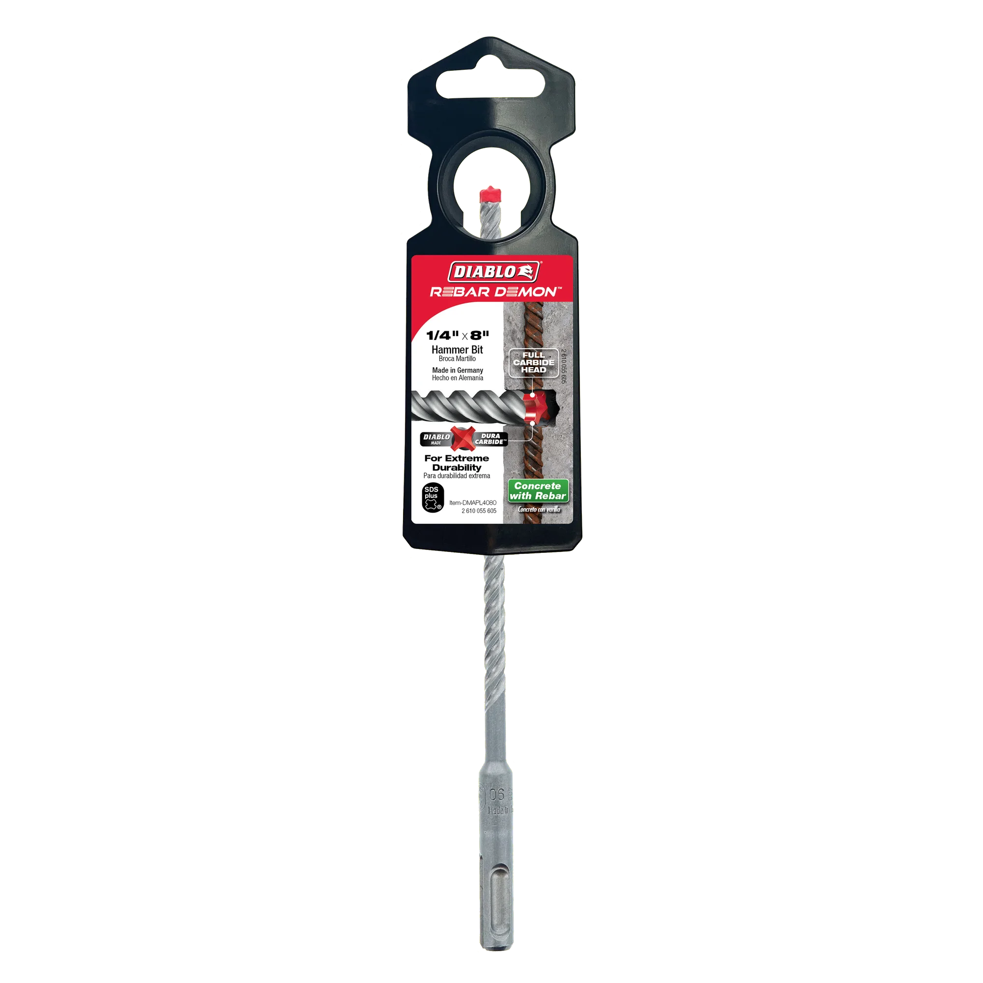 DMAPL4080 Hammer Bit Carbide Tipped SDS-Plus 4 Cutter 1/4 x 6 x 8  Rebar Demon™ Diablo