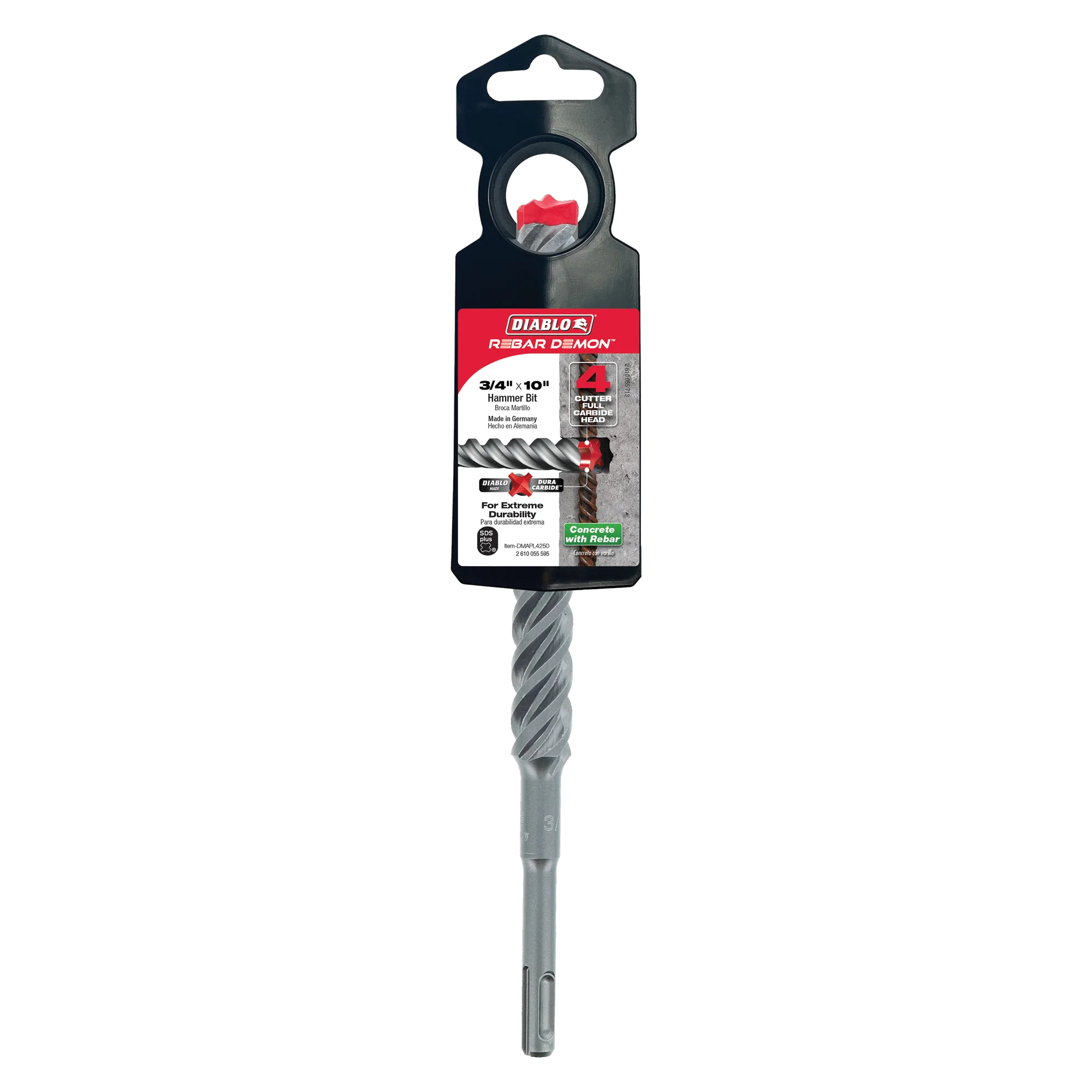 DMAPL4250 Hammer Bit Carbide Tipped SDS-Plus 4 Cutter 3/4 x 8 x 10  Rebar Demon™ Diablo