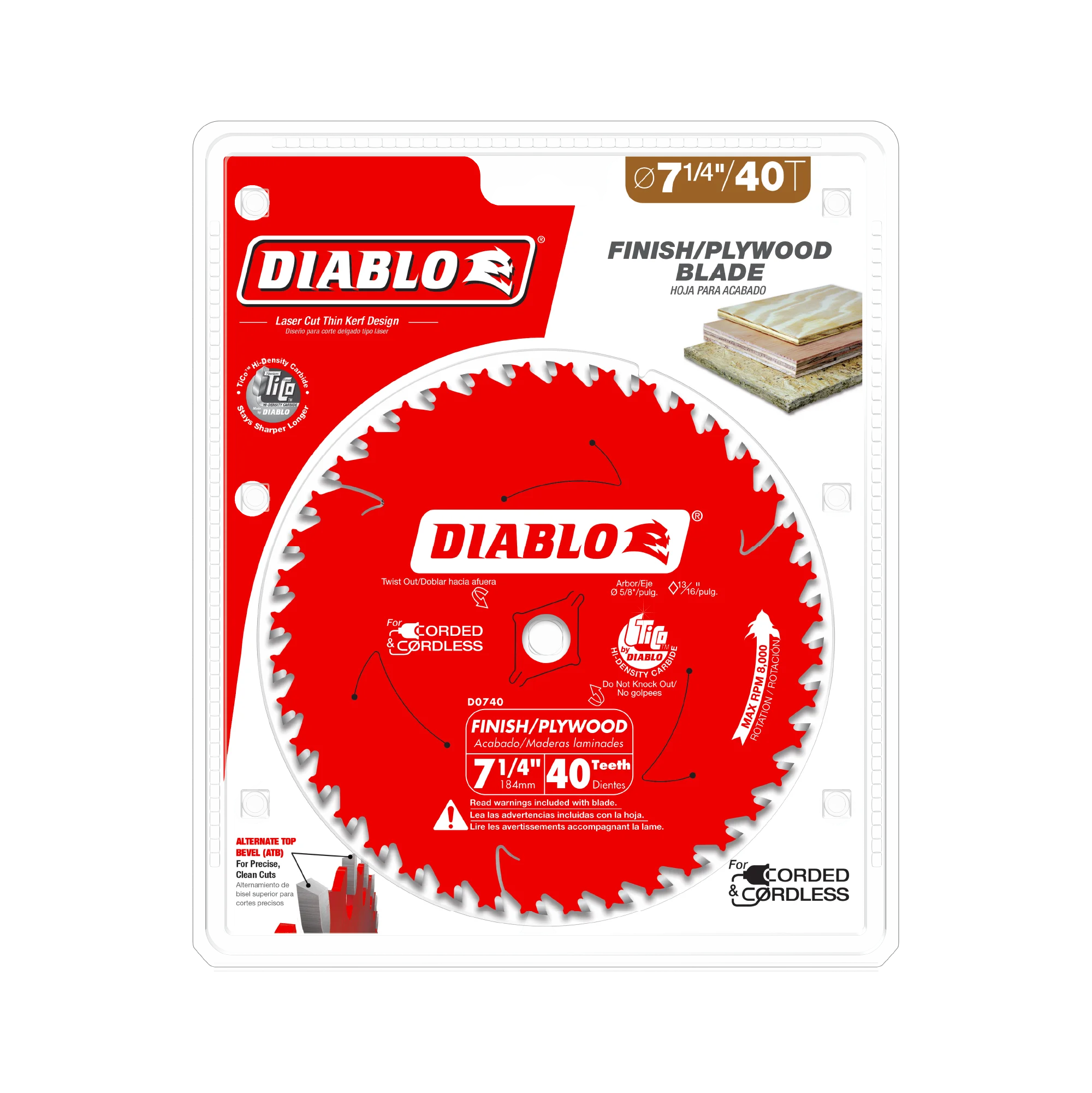D0740A Blade 7 1/4 x 40 Tooth Finish Wood  Diablo®