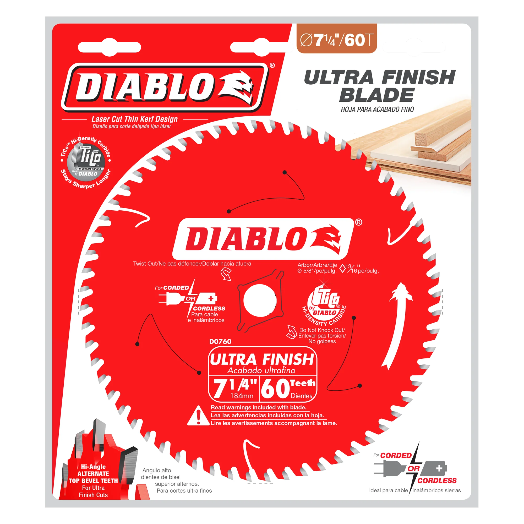 D0760A Blade 7 1/4 x 60 Tooth Carbide-Tipped Ultra Finish Wood  Diablo®