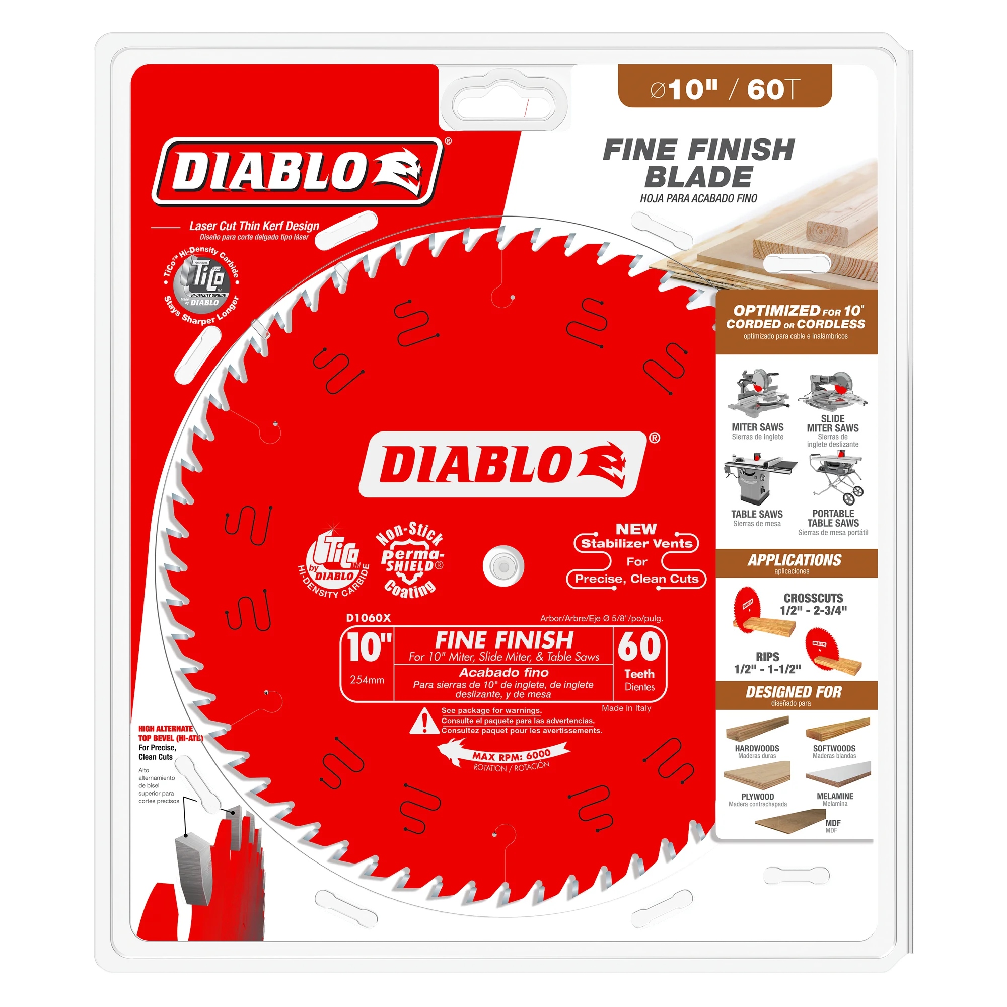 D1060X Blade 10 x 60 Tooth Fine Finish Wood  Diablo®
